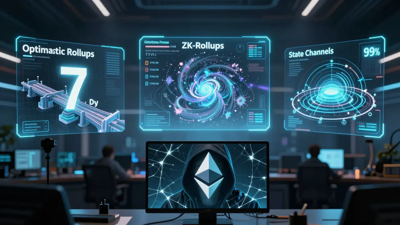 Holograms of three bridge types float in a futuristic control room, displaying real-time crypto stats and security symbols.