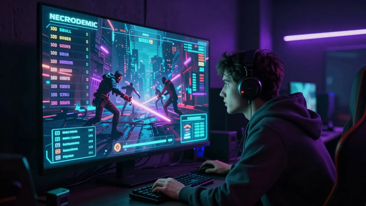Player immersed in holographic Necrodemic gameplay with real-time $BULL rewards displayed on a glowing leaderboard.