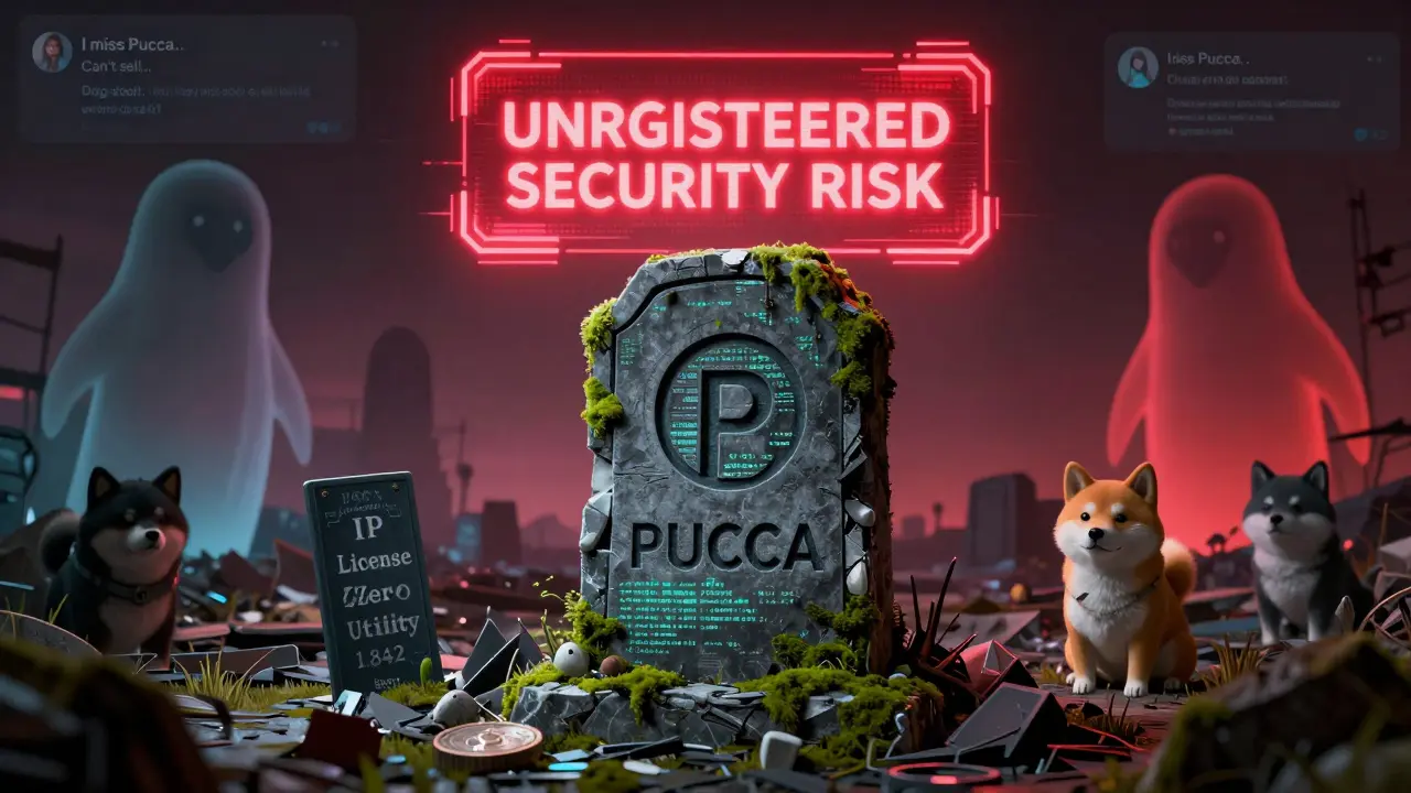 PUCCA's tombstone in a crypto graveyard, overshadowed by vibrant rivals and a pulsing SEC warning hologram.