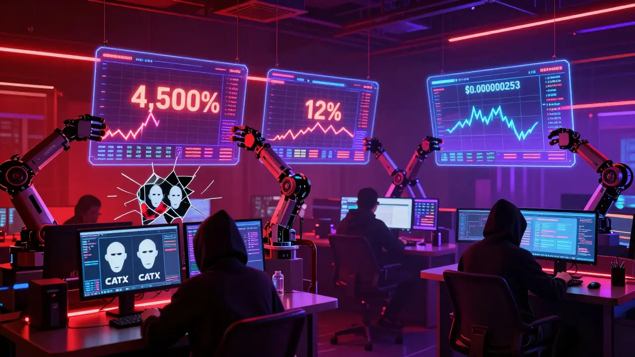 Robotic arms manipulate fake trading volumes on flickering screens showing extreme CATX price swings.