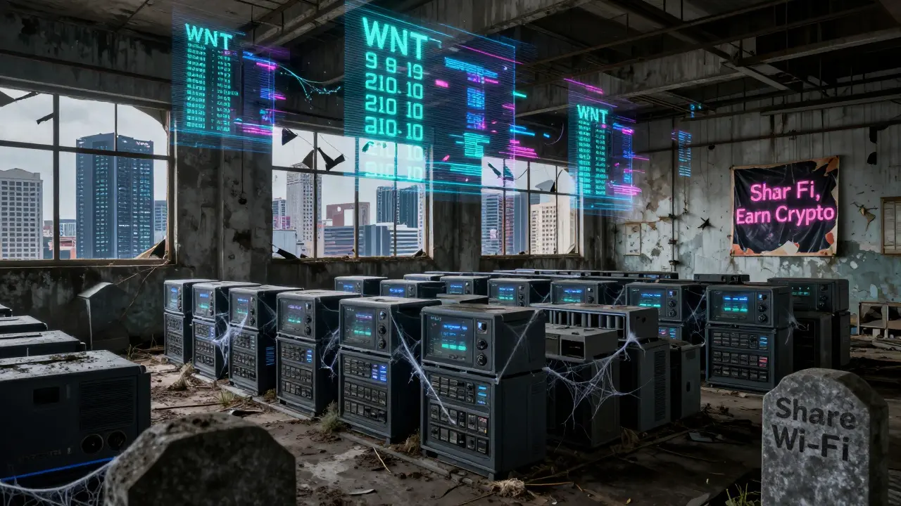 Rows of abandoned Wicrypt devices sit dusty in a Lagos warehouse, holographic token prices glitching above them.