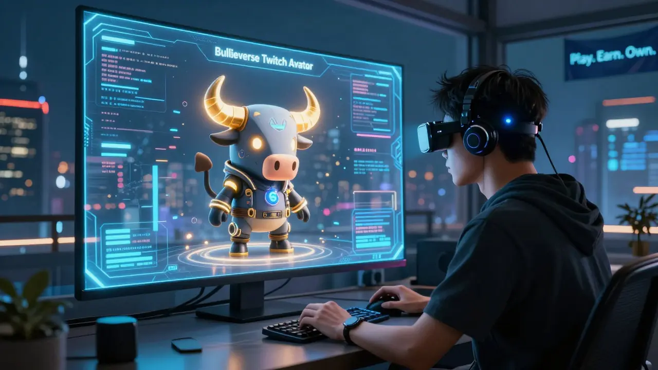 Streamer with cyberpunk bull NFT avatar glowing on hologram, earning $BULL tokens from viewers in a high-tech rooftop studio.