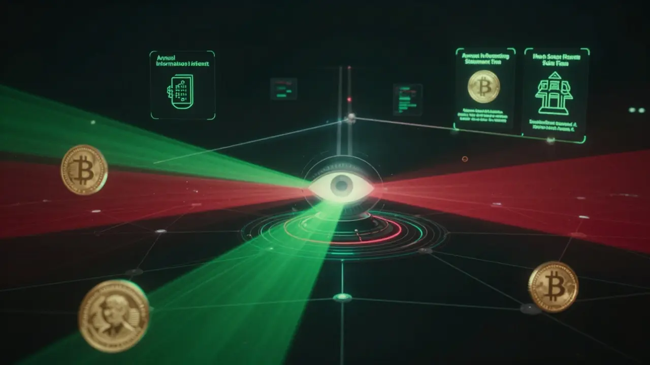 Surveillance network scanning floating digital tokens in a dark void.