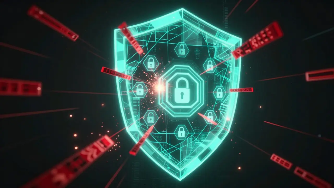 Teal energy shield blocking red digital threat signals.