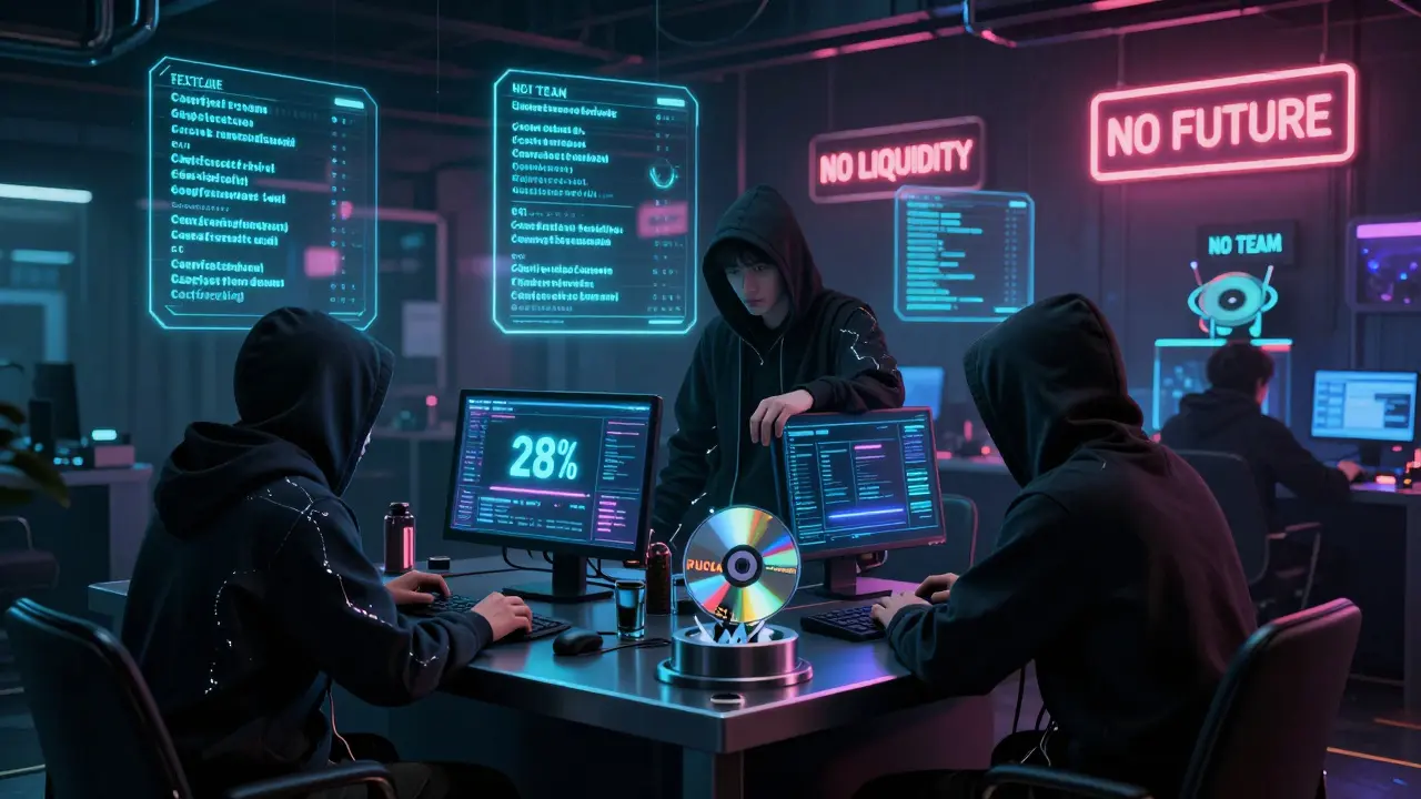 Three traders in a dim DEX hub swapping ETH for PUCCA tokens, with flickering warning signs about liquidity and abandonment.