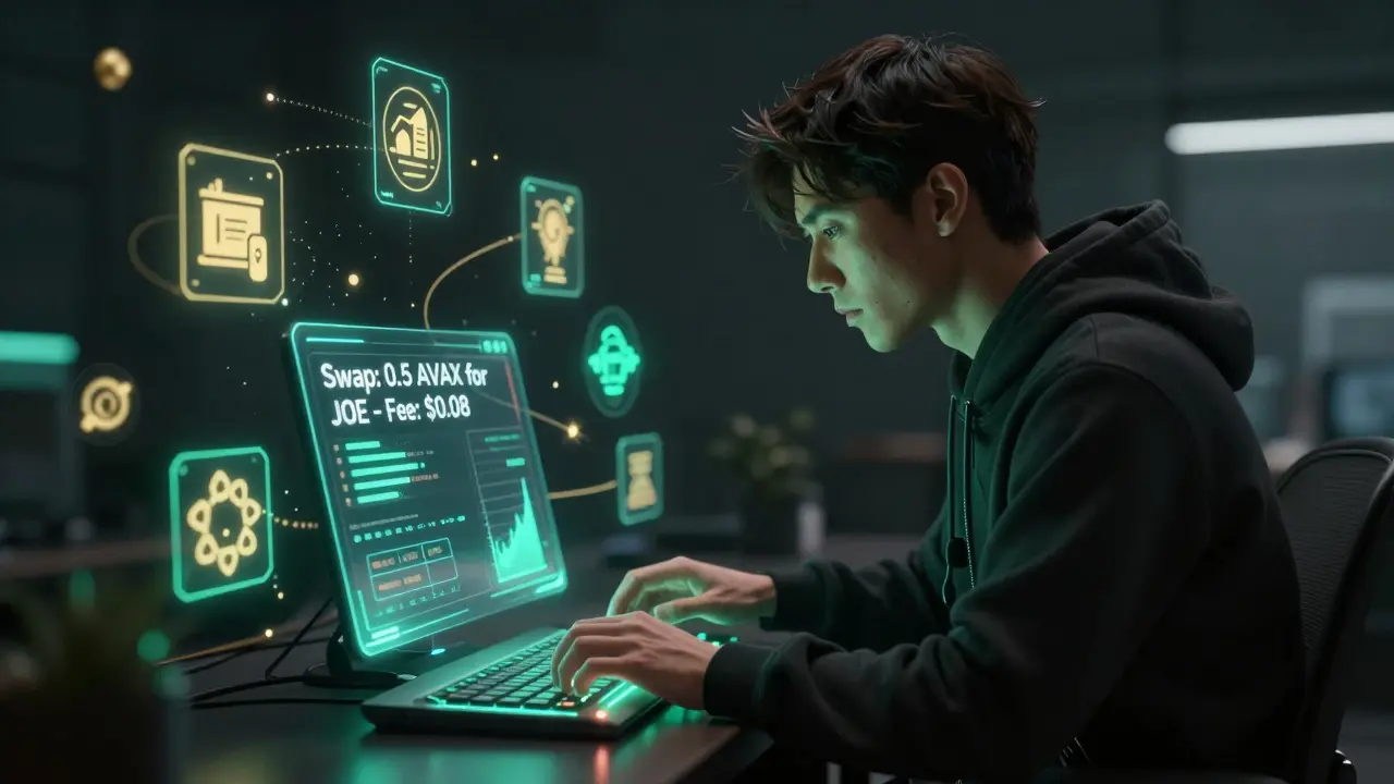 Trader interacting with holographic LFJ dashboard displaying low fees and fast Avalanche transactions.