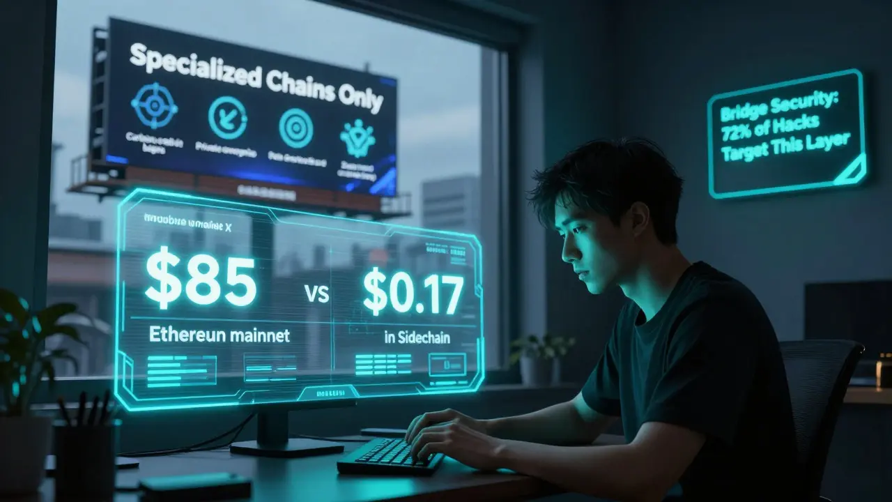 User minting an NFT on a sidechain, holographic cost comparison showing <h2>The Future: Specialized Chains, Not General-Purpose Ones</h2>.17 vs , with specialized chain icons visible in the background.