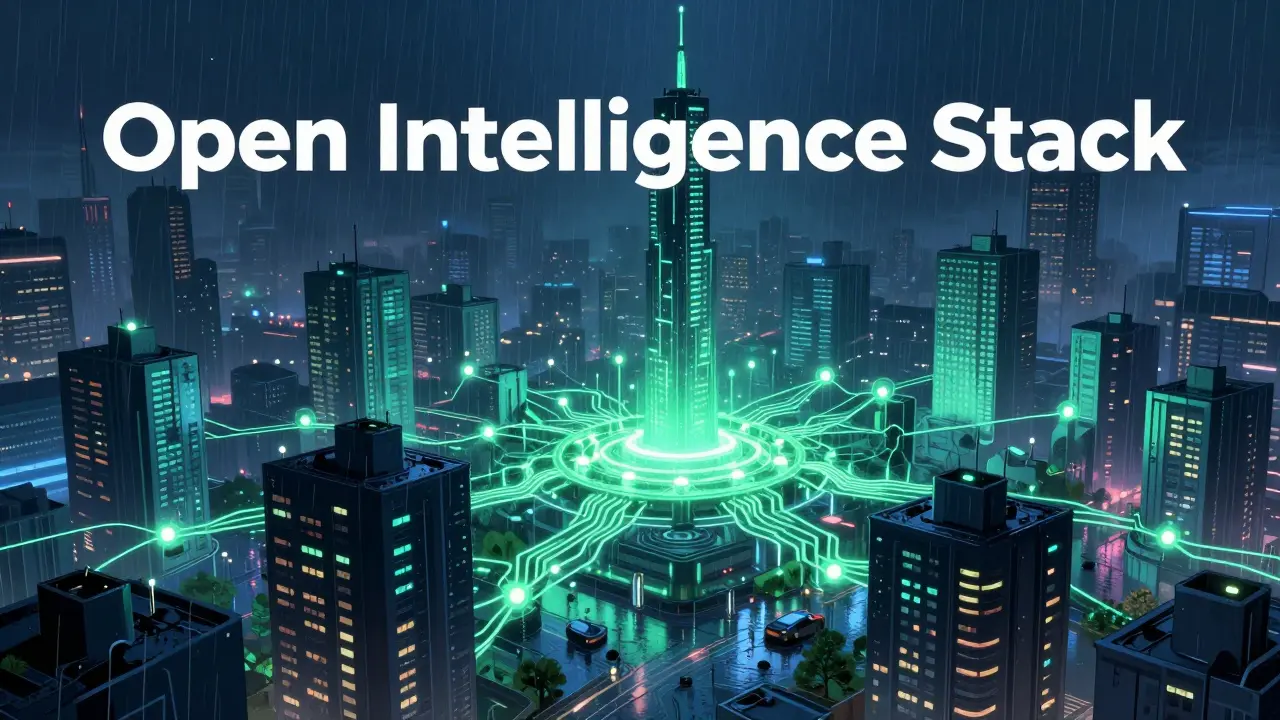 A decentralized network of glowing blue nodes connecting across a dark cyberpunk city.