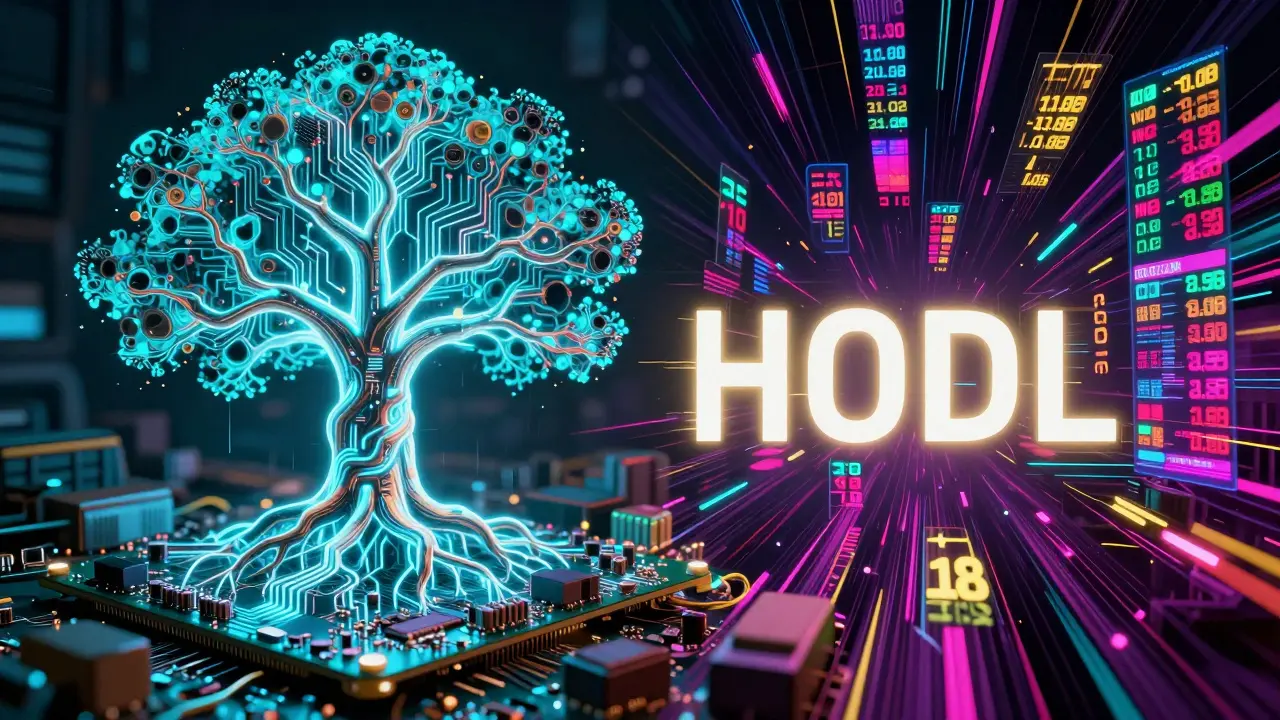 A digital circuitry oak tree contrasting with chaotic neon trading data streams.