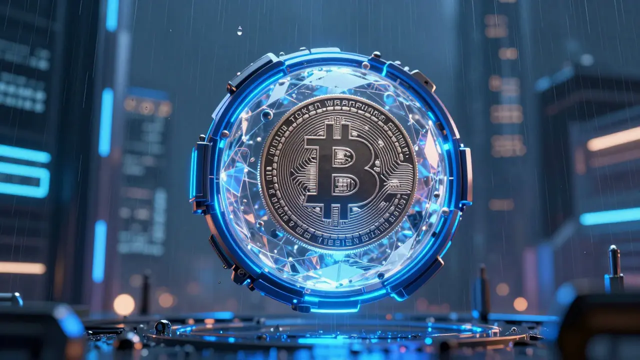 A digital coin being encased in a glowing neon metallic wrapper in a rainy cyberpunk setting.