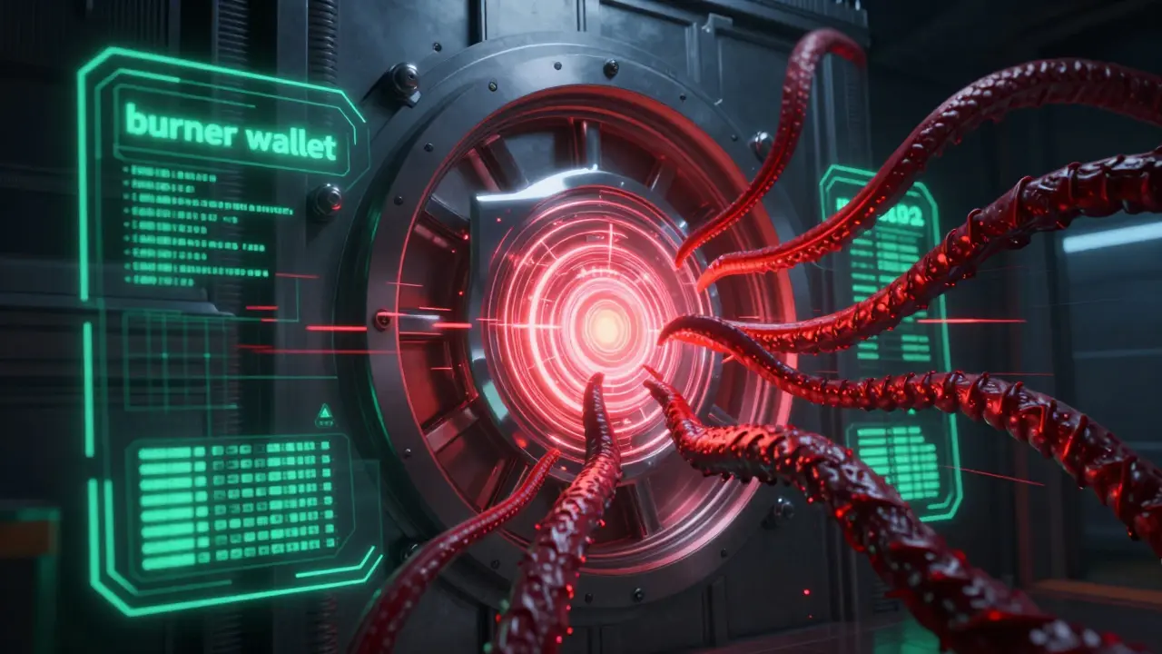 A digital security shield protecting crypto assets from glitchy cyber-attack tentacles.
