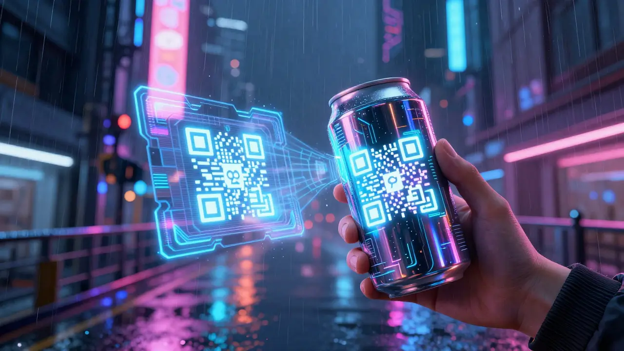 A futuristic beverage can with a glowing QR code projecting a digital interface.