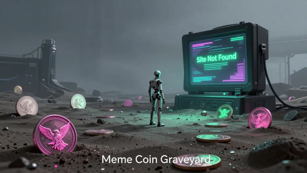 A futuristic digital graveyard with faded neon holographic coins in a wasteland.