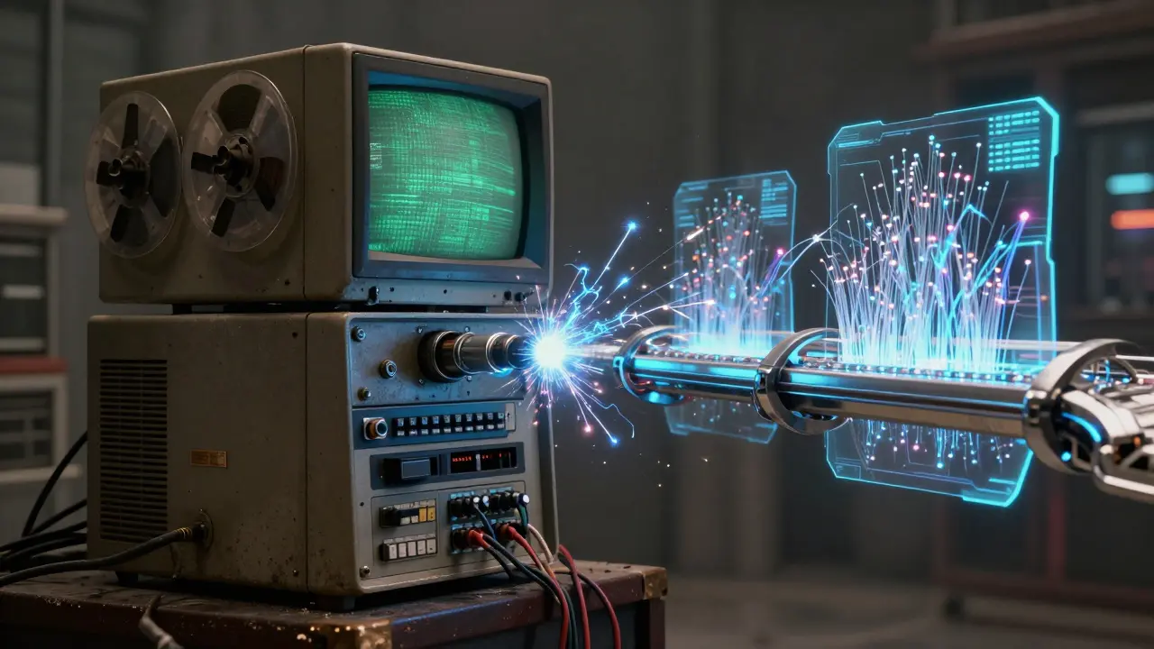 A futuristic holographic interface connecting to an ancient 1980s mainframe computer.