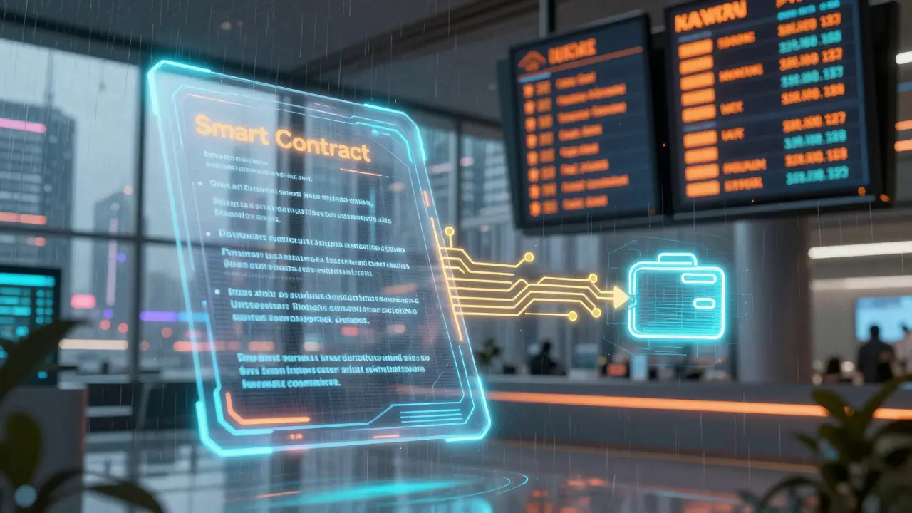 A glowing digital smart contract triggering an automatic payment at a futuristic airport.