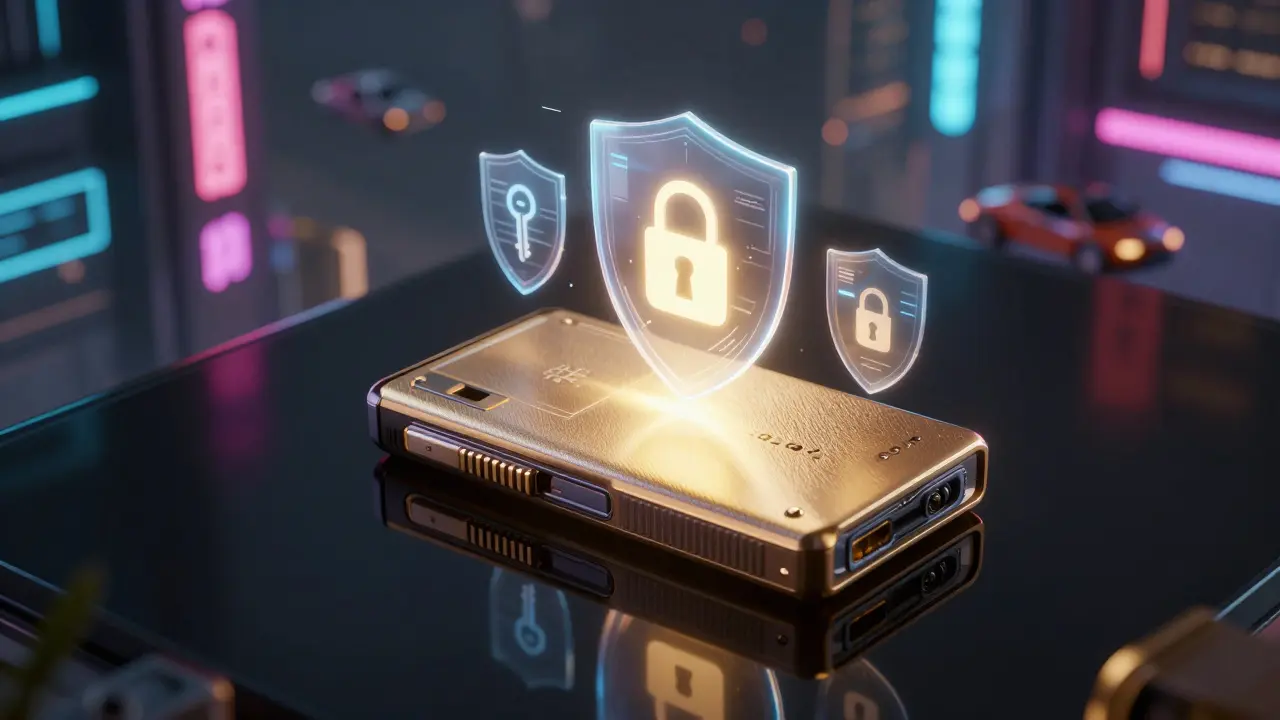 A glowing futuristic hardware wallet protected by holographic security shields.