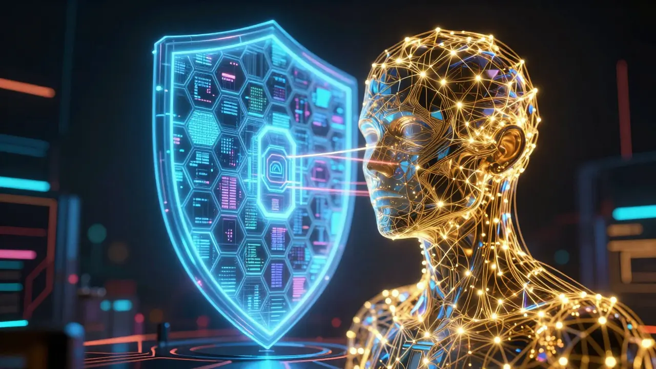 A holographic blockchain shield being analyzed by a golden AI neural network.