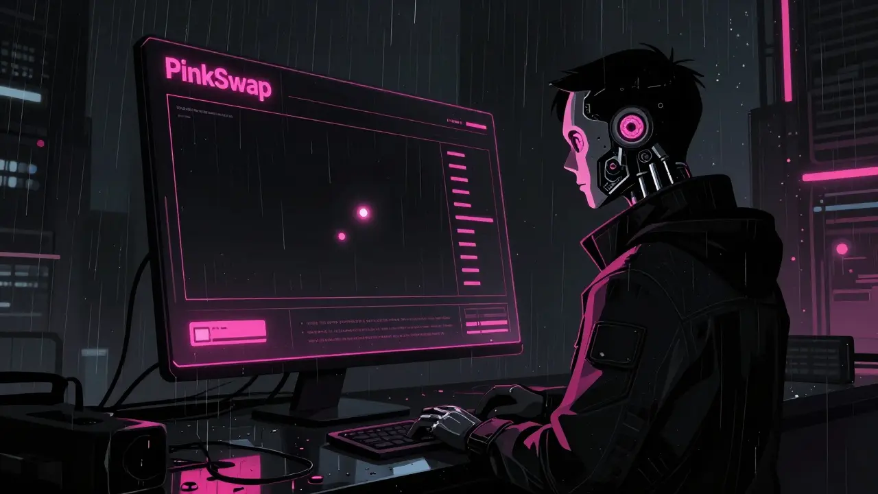 A holographic trading interface with neon pink accents in a dark cyberpunk city.
