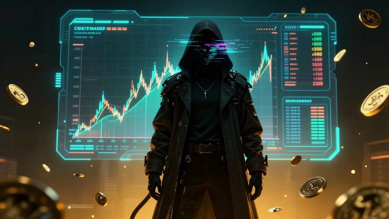 A mysterious silhouetted figure looking at volatile holographic crypto price charts in a dark void.