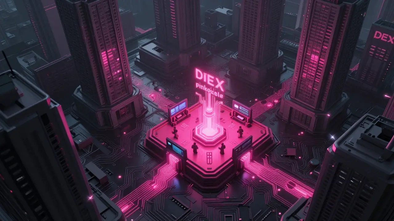 A small neon pink digital trading hub surrounded by massive grey futuristic buildings.