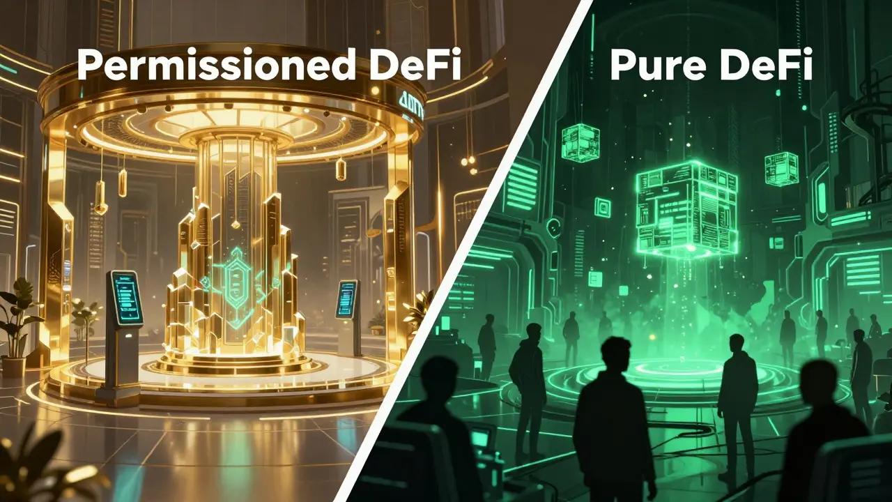 A split screen showing a corporate high-tech DeFi sanctuary versus a gritty underground digital bazaar.