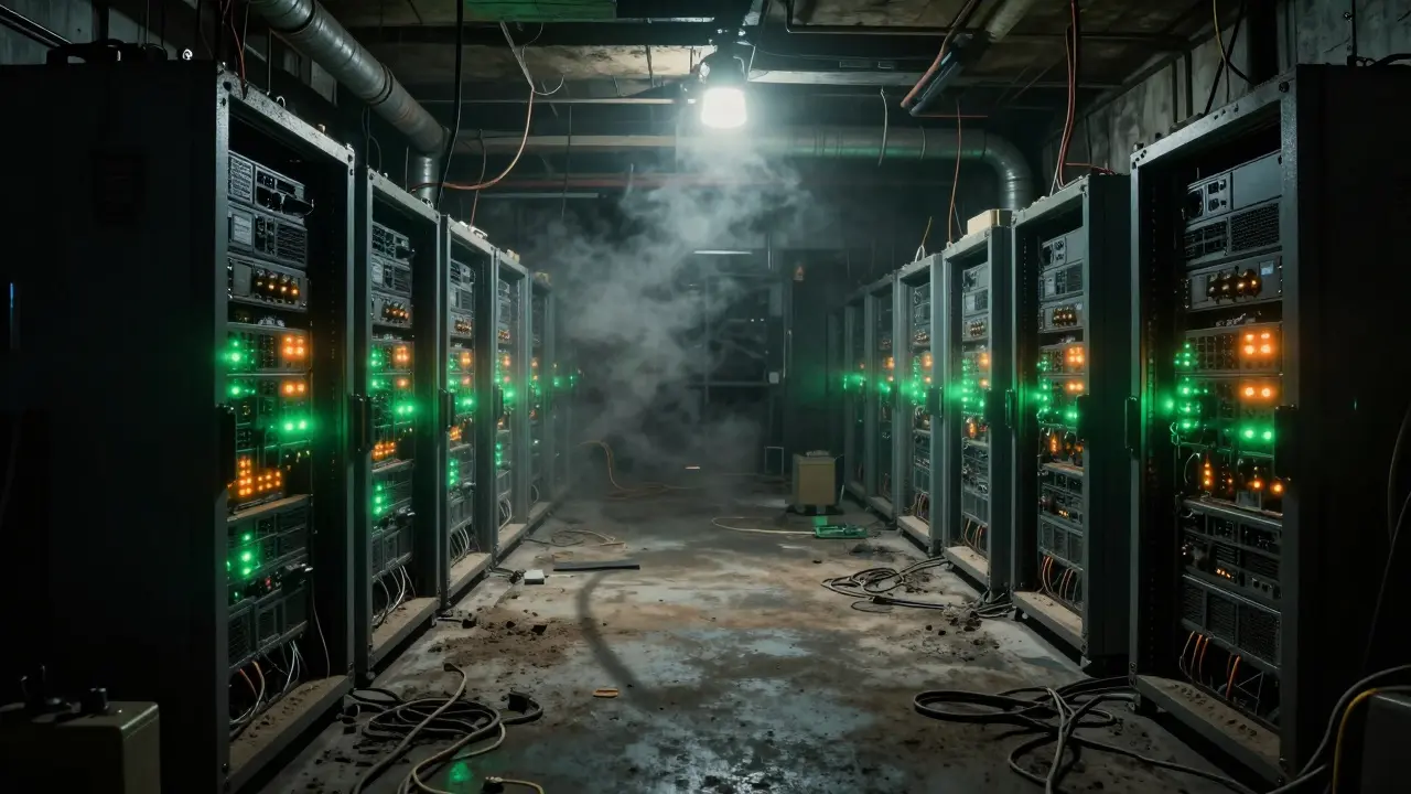Abandoned cyberpunk crypto mining farm with flickering server racks in a dark basement.