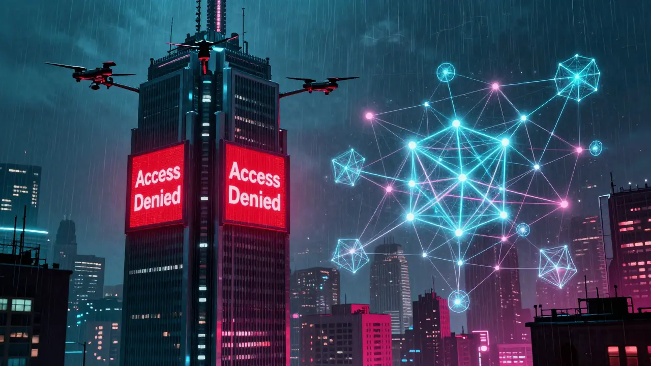 Comparison of a corporate skyscraper and a decentralized neon network in cyberpunk style.