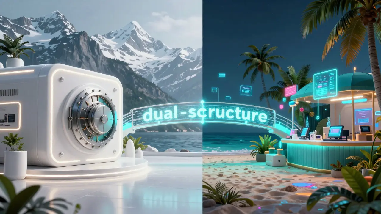 Conceptual cyberpunk split-screen showing a high-tech Swiss vault and a neon Caribbean hub