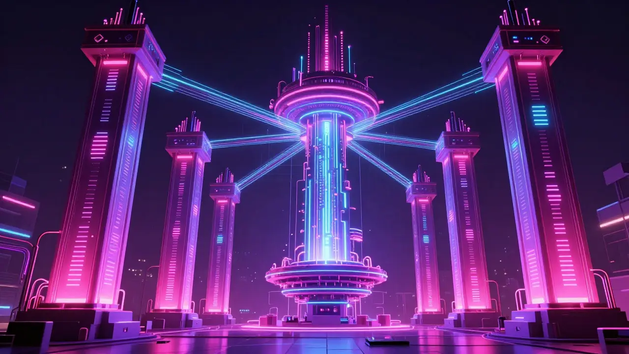 Connected blockchain network with neon bridge arches