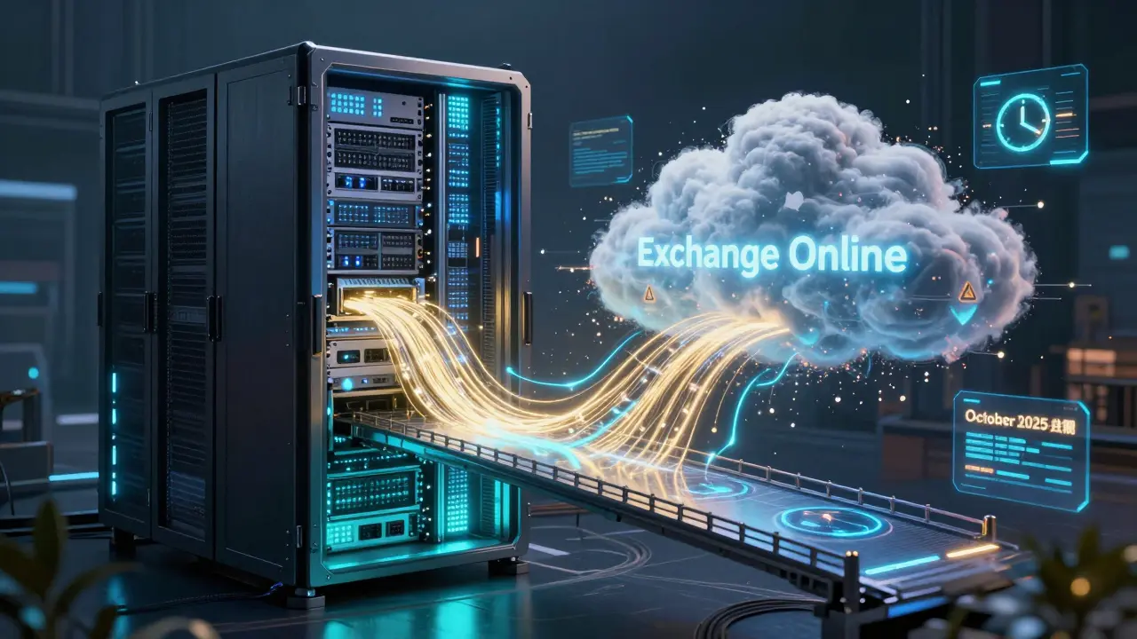 Digital bridge connecting a physical server to a glowing neon data cloud