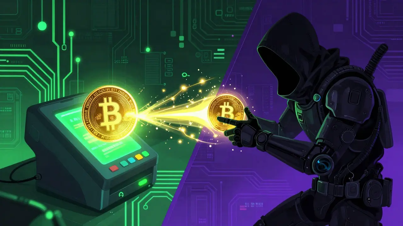 Digital conceptual art showing a hacker performing a double-spend attack with glowing coins.