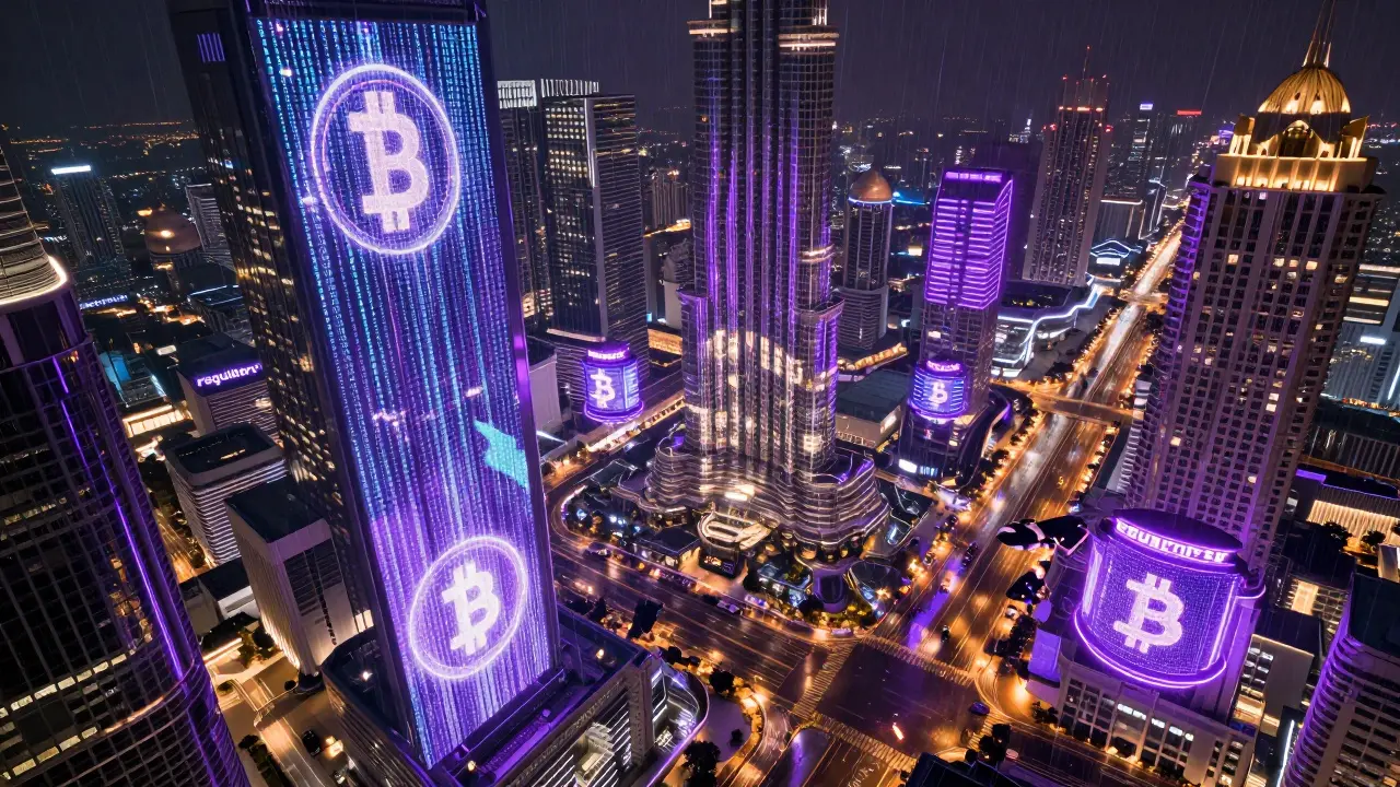 Futuristic cyberpunk city combining elements of Dubai and Singapore with neon crypto symbols