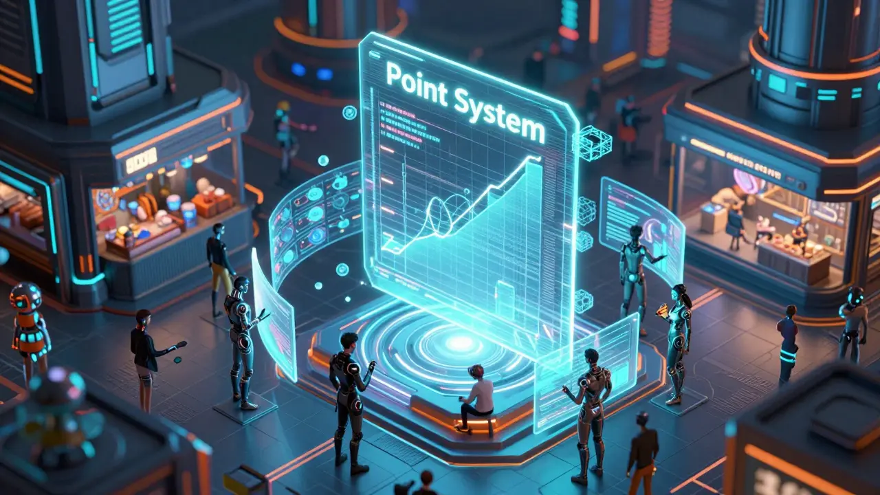 Futuristic cyberpunk financial hub showing a holographic point system