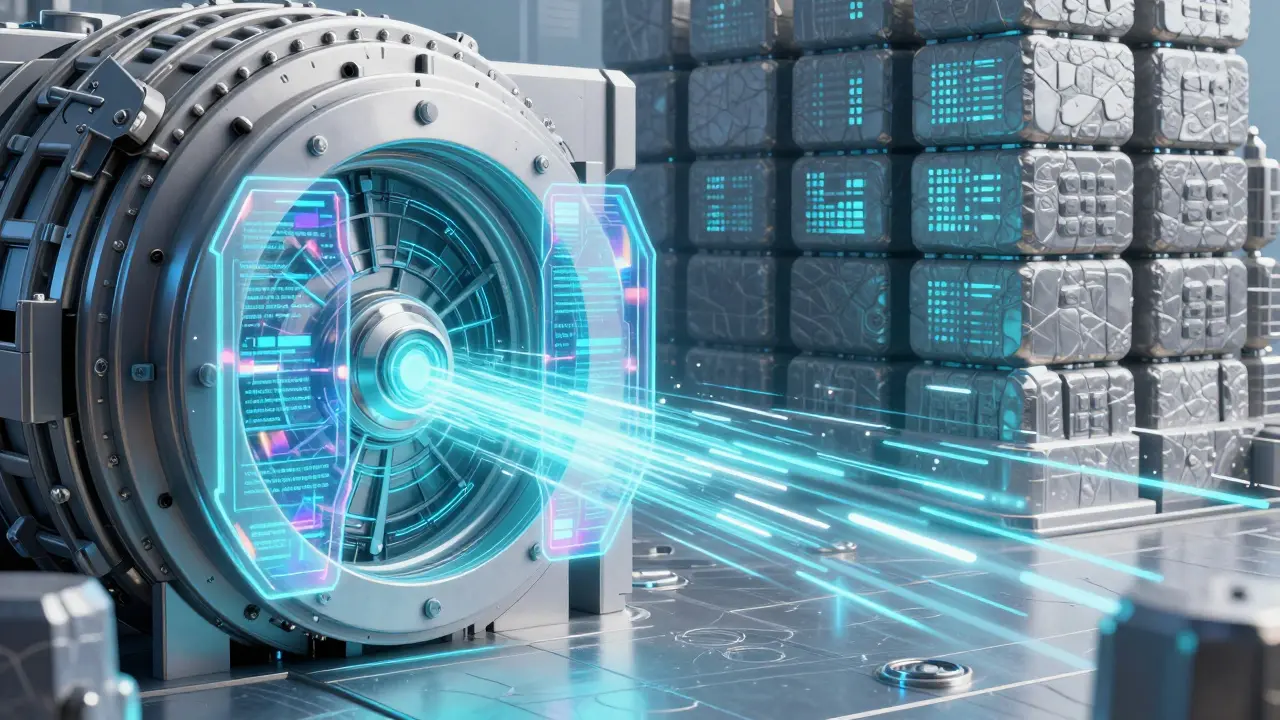 Futuristic holographic vault protecting fast digital transactions in a cyberpunk setting.