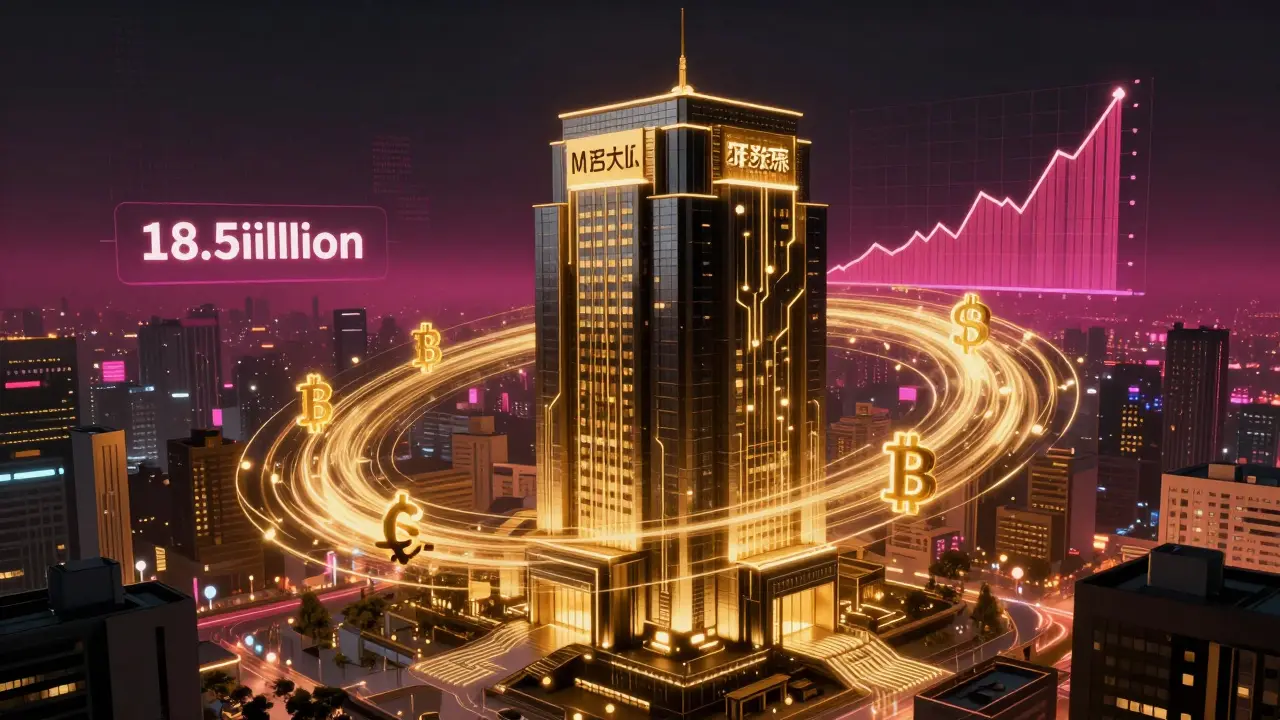 Futuristic Japanese megabank merging with golden digital cryptocurrency symbols.