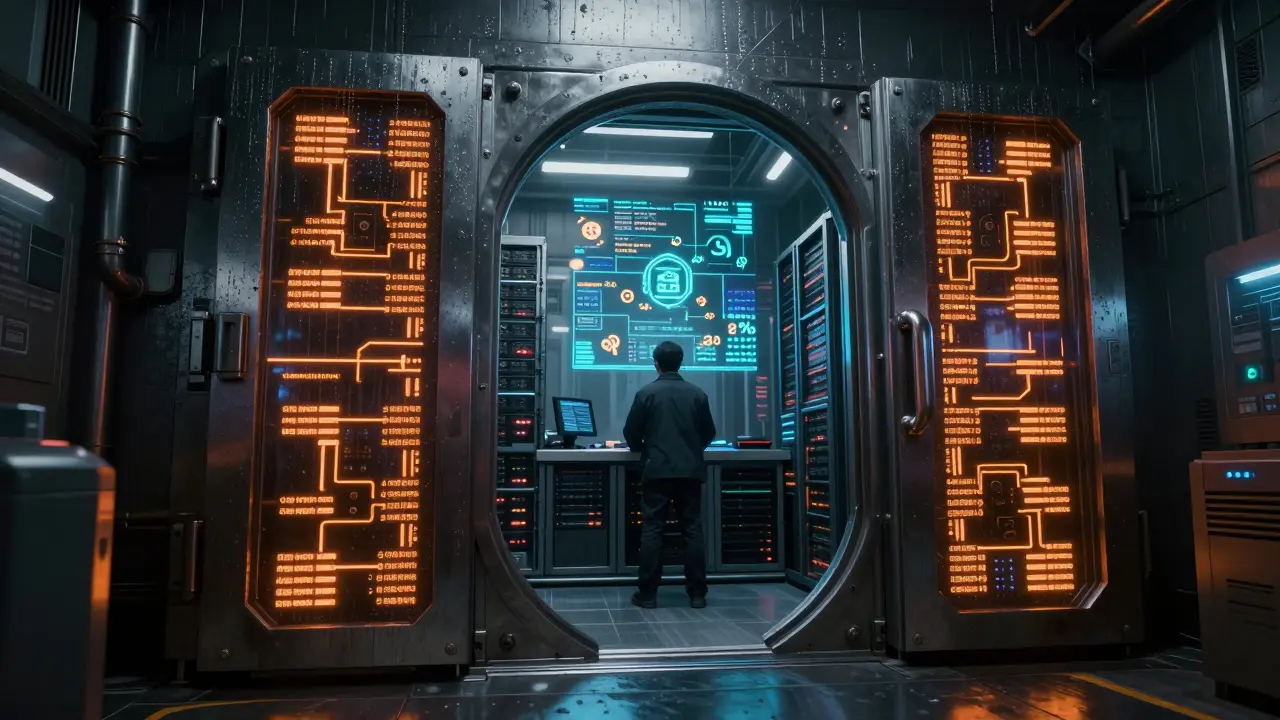 Futuristic server vault with glowing orange circuitry and financial overlays