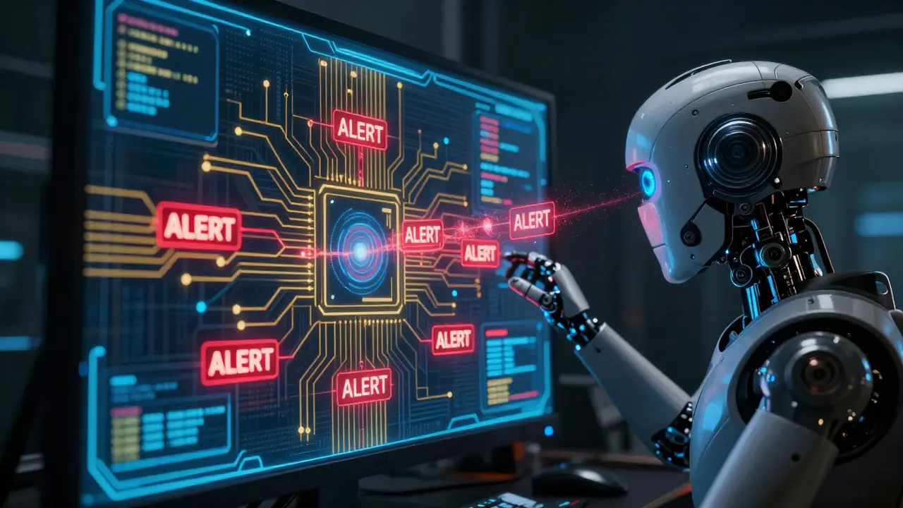 Futuristic surveillance screen flagging a crypto transaction with red alerts