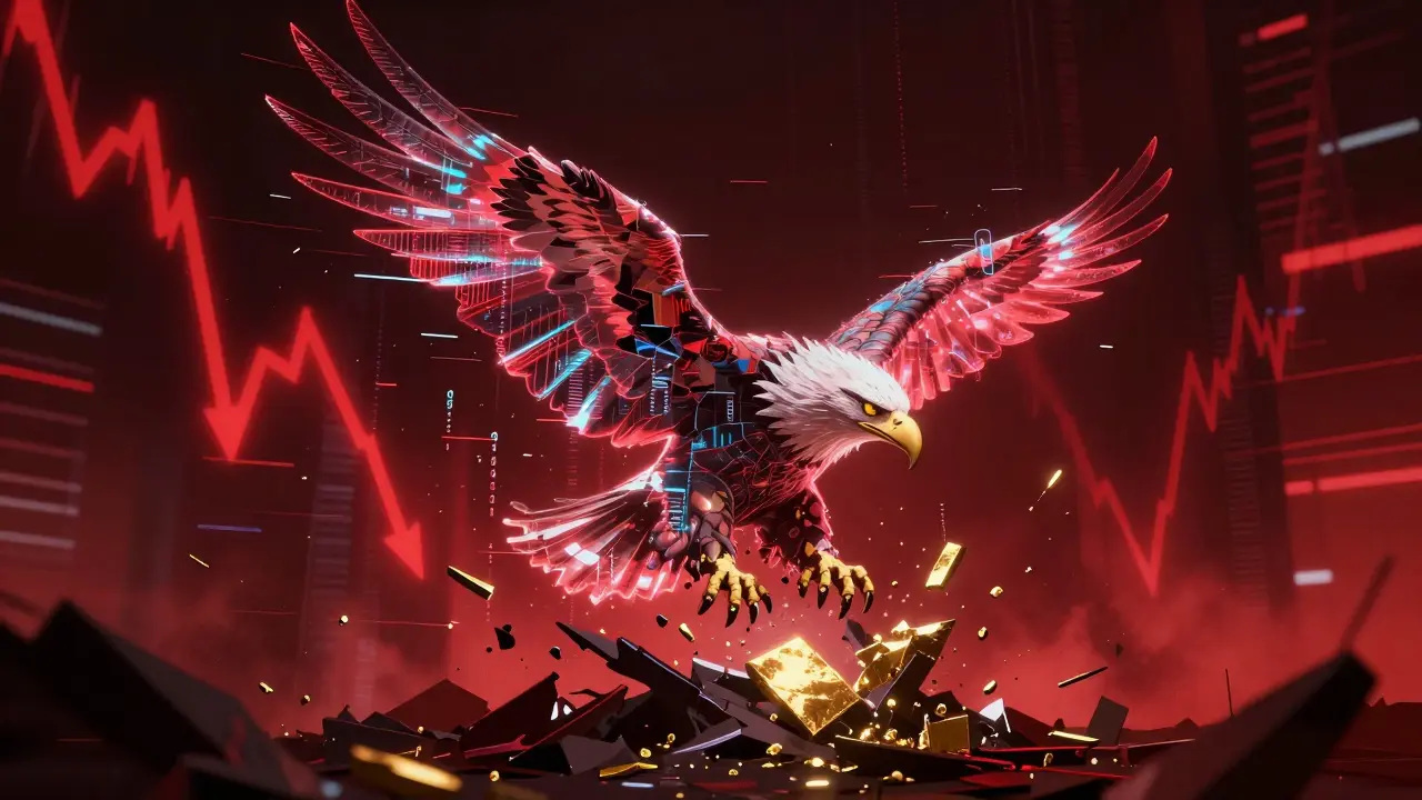 Glitching holographic eagle breaking apart amidst falling red financial charts.