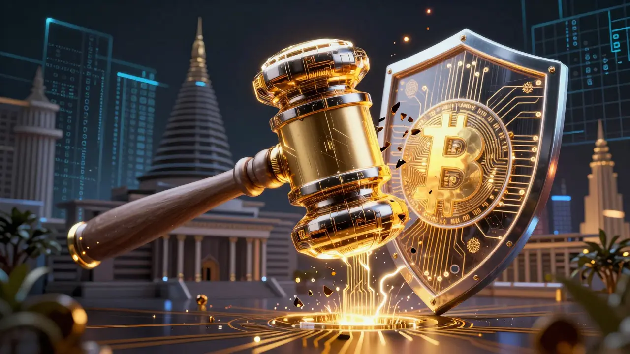 Glowing digital hammer smashing a cryptocurrency platform shield