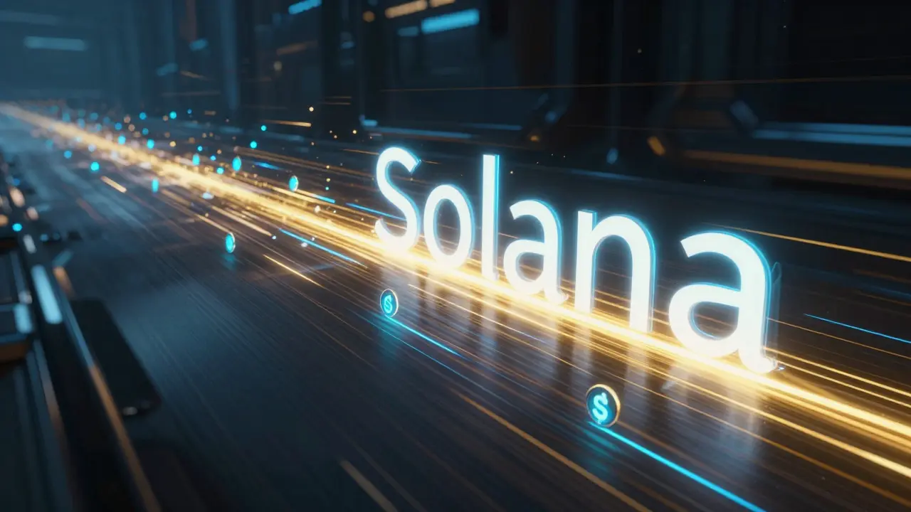 Glowing digital tokens speeding through a neon blue and gold data stream.