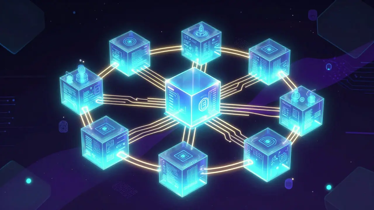 Glowing interconnected 3D blocks representing a secure blockchain network in cyberpunk style.