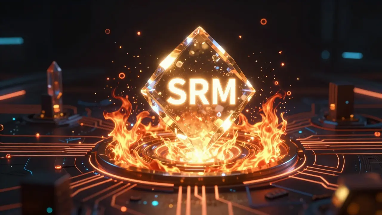 Glowing SRM token being burned in a digital plasma vortex