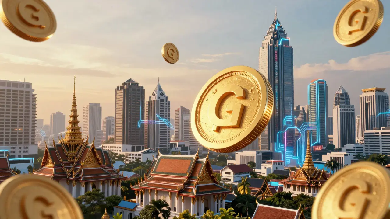 Golden government digital tokens floating over a futuristic Thai city