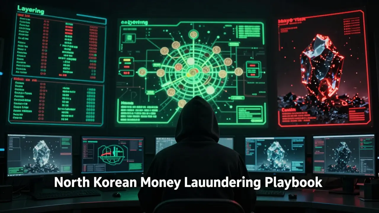 Hacker in a high-tech command center managing a complex web of crypto transactions.