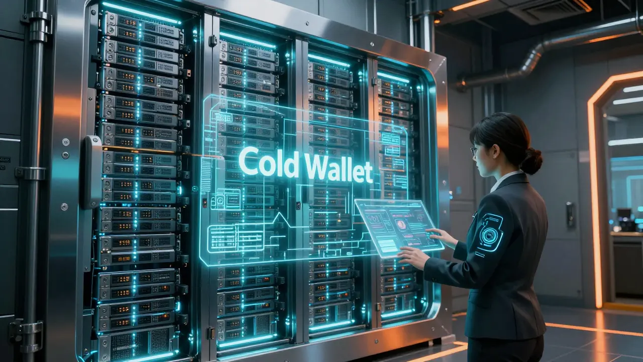 High-tech cyberpunk cold storage vault with holographic shields and a compliance manager.