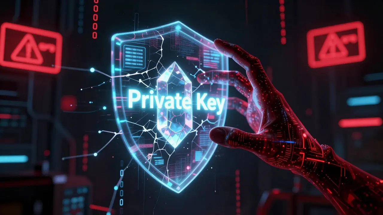 Holographic shield protecting a private key from a glitchy digital threat