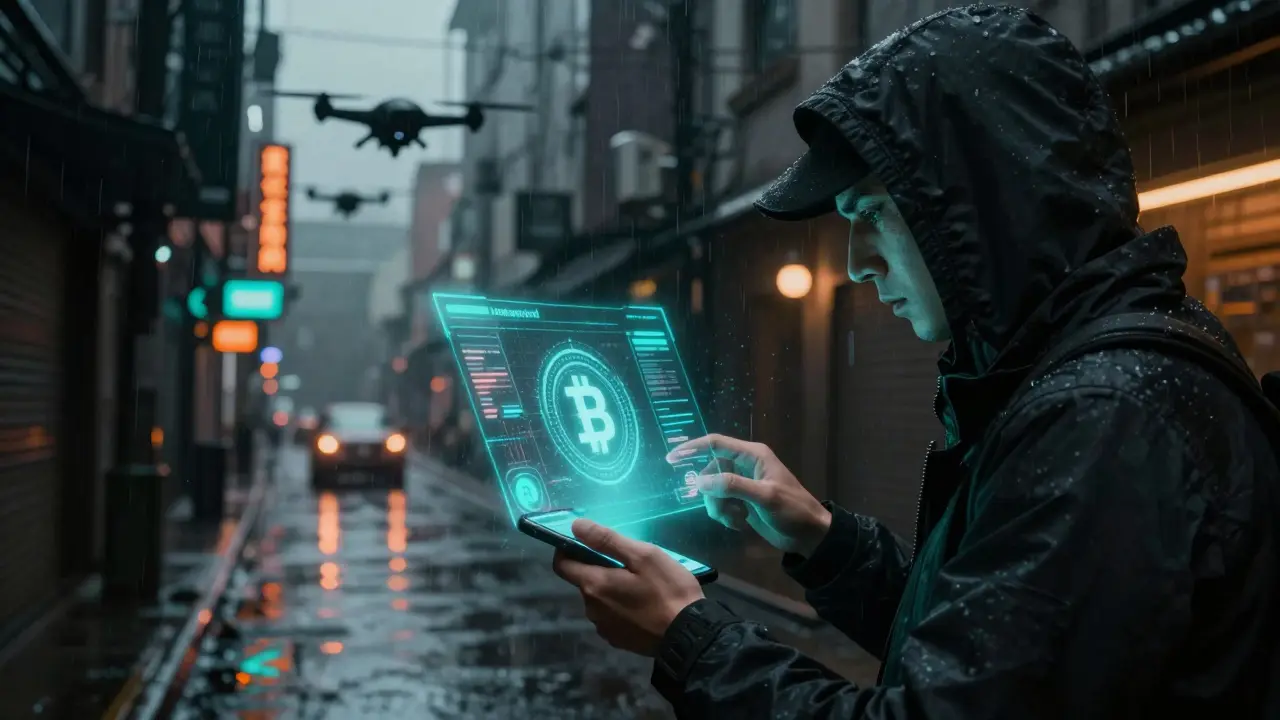 Person using a holographic device for secret crypto trading in a neon alley