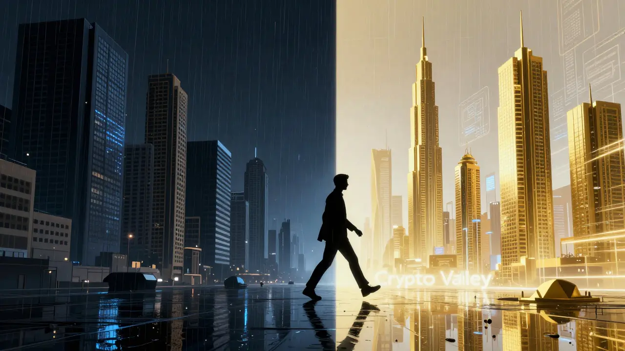 Split screen showing a dark city and a glowing futuristic city with a person migrating.
