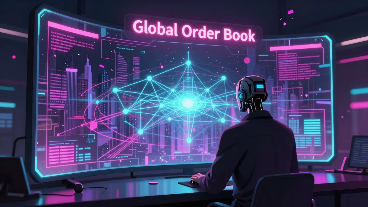 Trader viewing a holographic global order book with interconnected data nodes in a futuristic city.