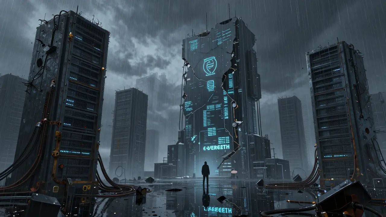 Abandoned digital cityscape symbolizing dead crypto project in cyberpunk
